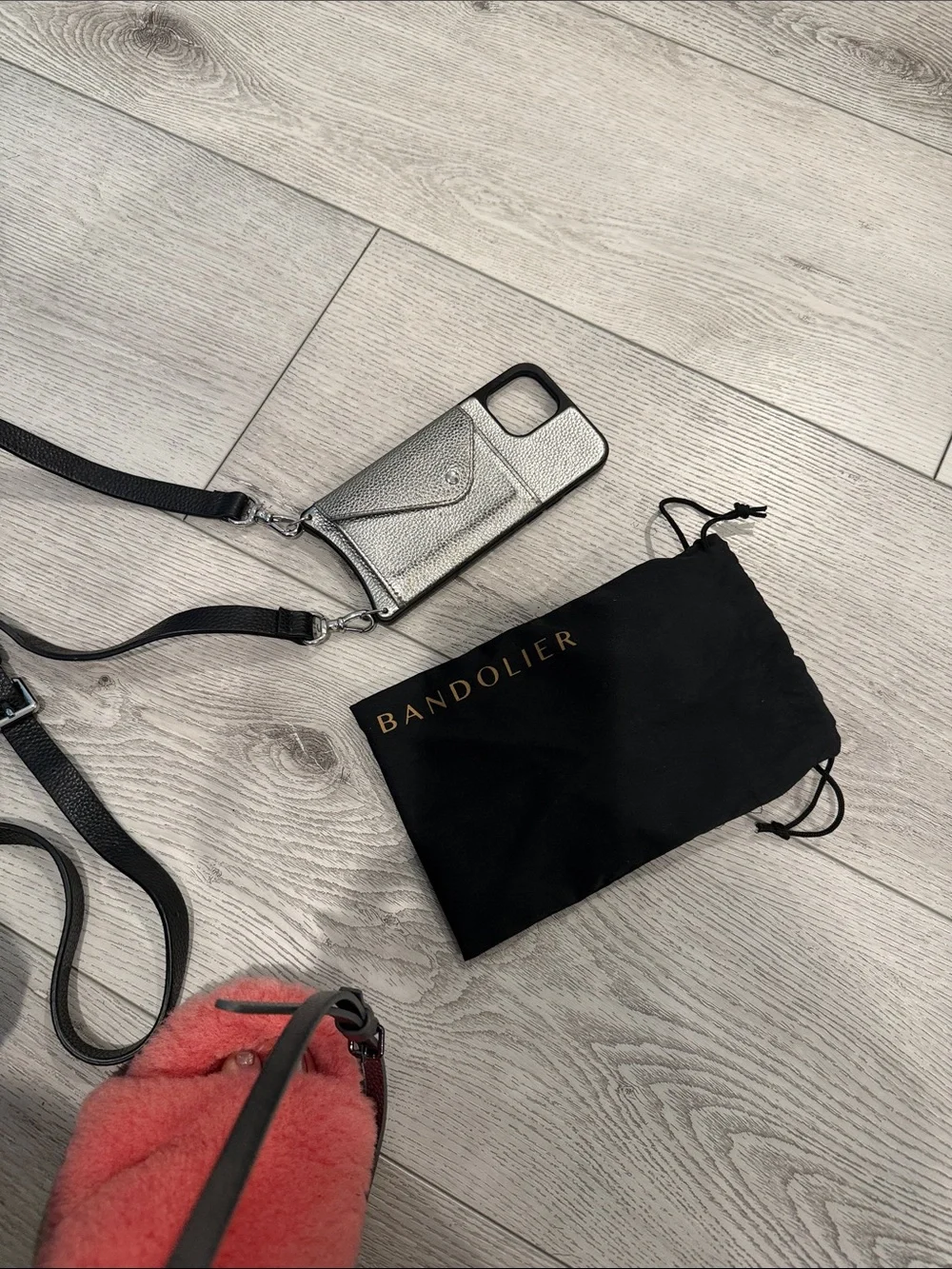 Bandolier Metallic Silver Leather Crossbody Phone Case with Black Strap